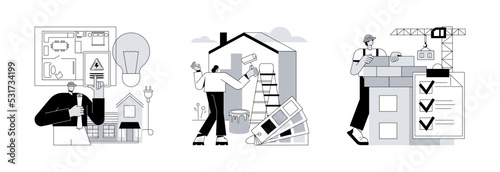 House renovation abstract concept vector illustration set. Residential electrical construction, painter services, quality control, interior and exterior, lighting and appliance abstract metaphor.