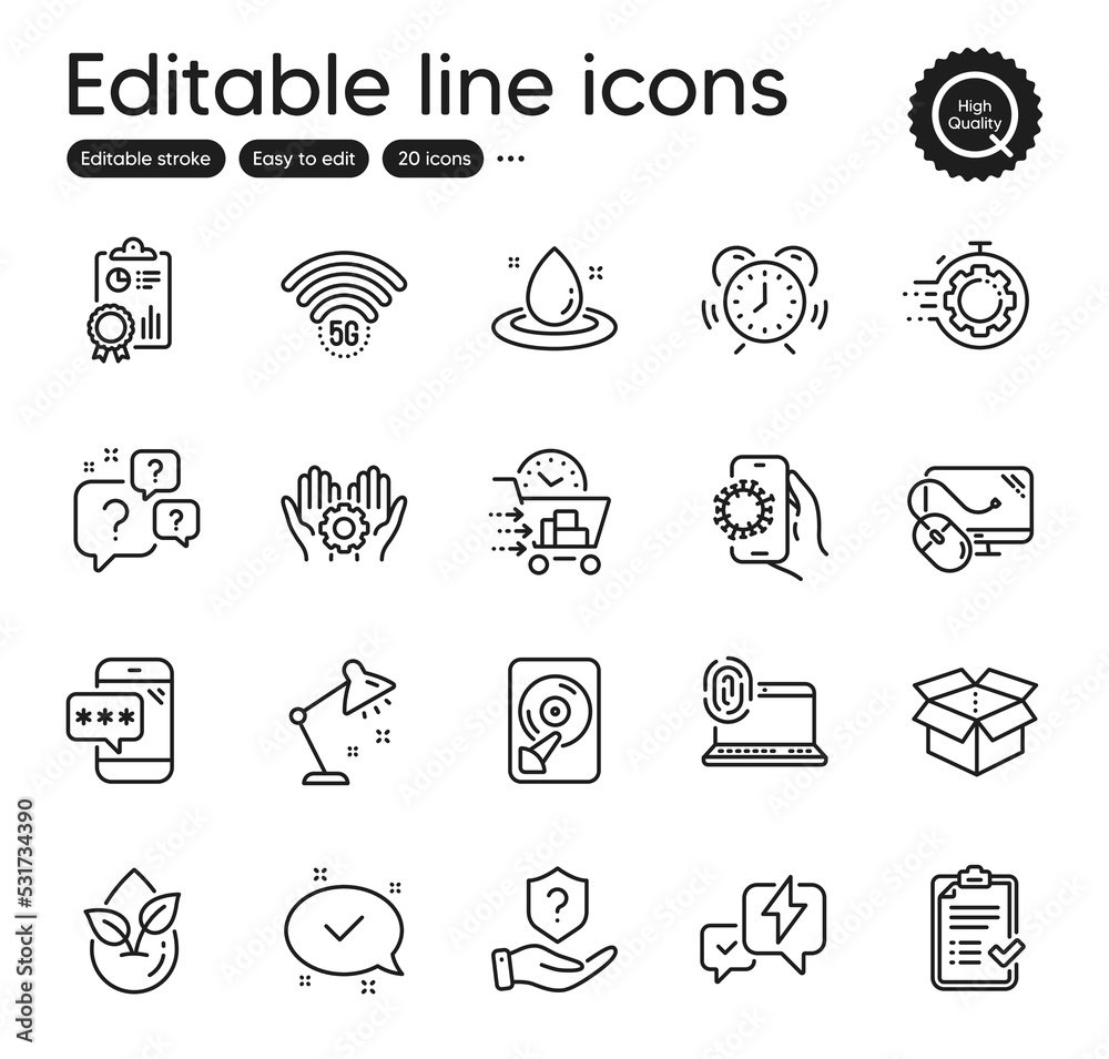 Fototapeta premium Set of Technology outline icons. Contains icons as Fuel energy, Lightning bolt and Phone password elements. Covid app, Computer fingerprint, Table lamp web signs. Seo timer, Inspect. Vector