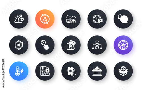 Minimal set of Reject click, Time and Card flat icons for web development. Warning, Carousels, Parking security icons. Air fan, Messenger, Electricity power web elements. User info. Vector