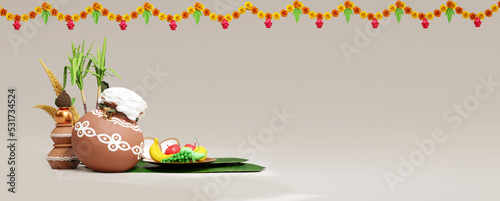 3d render of Happy Pongal Holiday Harvest Festival of Tamil Nadu South India, product display in white background photo