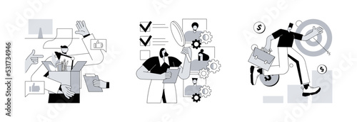 Career development abstract concept vector illustration set. New team members, employee assessment, career growth, performance review, SWOT analysis, job position, project team abstract metaphor.