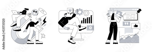 Digital marketing strategy abstract concept vector illustration set. Marketing team, social media management, SMM, brand insight, campaign strategy development, online channels abstract metaphor.
