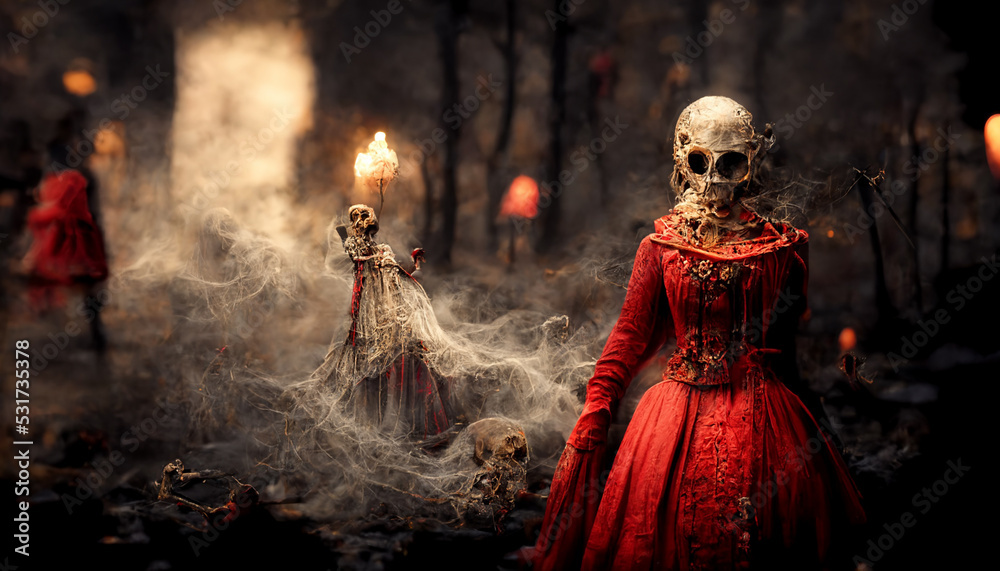 Fototapeta premium Scary ghost woman in the night with torches. Digital art
