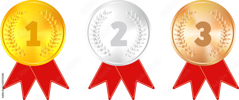 Set of vector award medals golden, silver and bronze isolated on white background. Winner medal with red ribbon icon. Championship award. Achievement, victory concept.