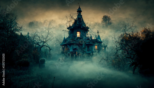 Digital art of a haunted house in a foggy forest at Halloween.