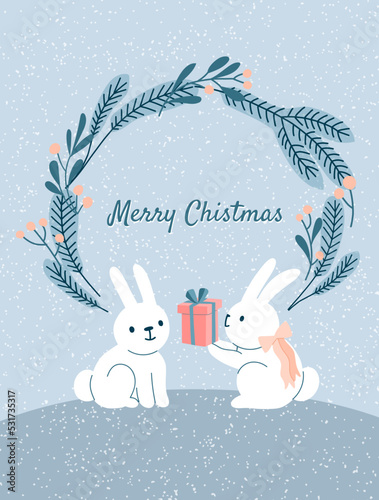 Two cute bunnies with a gift box and a wreath. Christmas greeting card, banner or print.