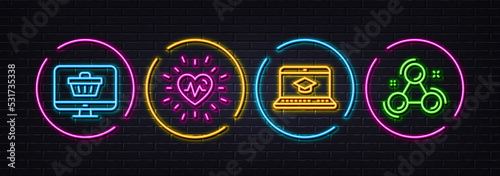 Website education, Web shop and Heartbeat minimal line icons. Neon laser 3d lights. Chemistry molecule icons. For web, application, printing. Video learning, Shopping cart, Medical heart. Vector