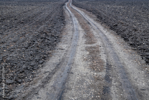 a dirt road winds its way through a plowed field in early spring. agricultural field countryside