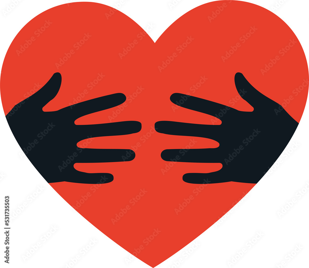 Obraz premium Hugging heart, hands holding heart, charity icon, love yourself, concept of volunteers. Vector illustration isolated on white background