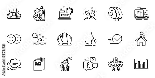 Outline set of Sharing economy, Text message and Fake internet line icons for web application. Talk, information, delivery truck outline icon. Vector