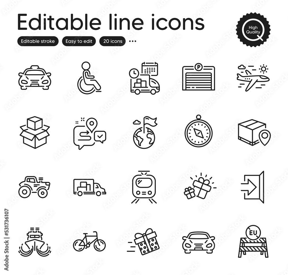 Set of Transportation outline icons. Contains icons as Exit, Bicycle and Parcel tracking elements. Tractor, Gift, Delivery web signs. Ship, Taxi, Train elements. Journey, Disability. Vector Set of Transportation outline icons. Contains icons as Exit, Bicycle and Parcel tracking elements. Tractor, Gift, Delivery web signs. Ship, Taxi, Train elements. Journey, Disability. Vector