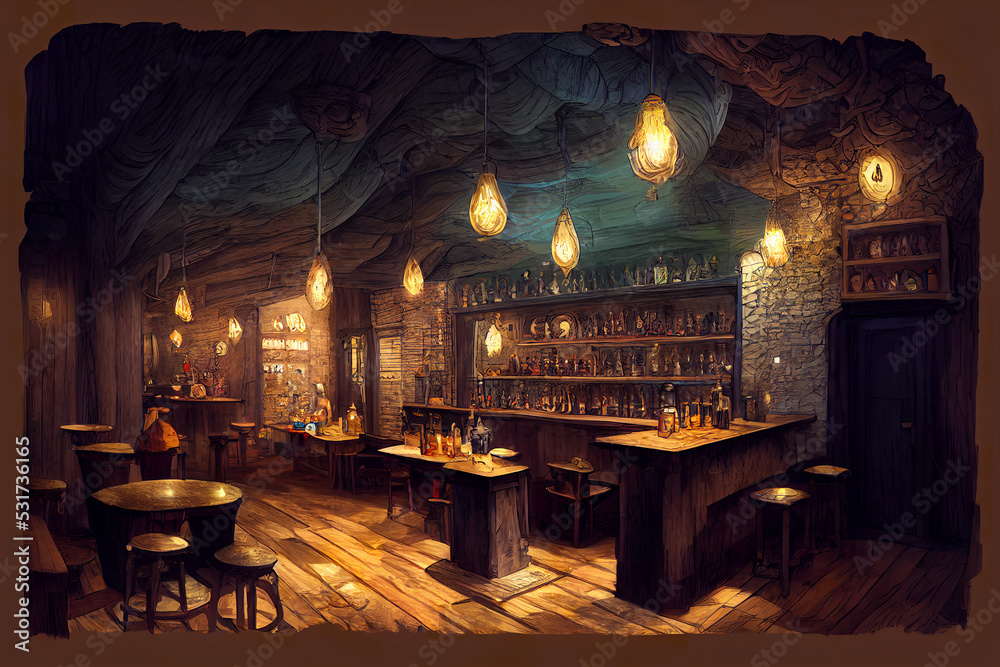 Dark and moody underground dungeons and dragons concept art fantasy tavern inn interior, warm glow. Digital painting - obrazy, fototapety, plakaty 