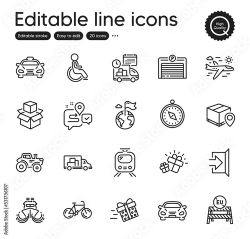 Set of Transportation outline icons. Contains icons as Exit, Bicycle and Parcel tracking elements. Tractor, Gift, Delivery web signs. Ship, Taxi, Train elements. Journey, Disability. Vector