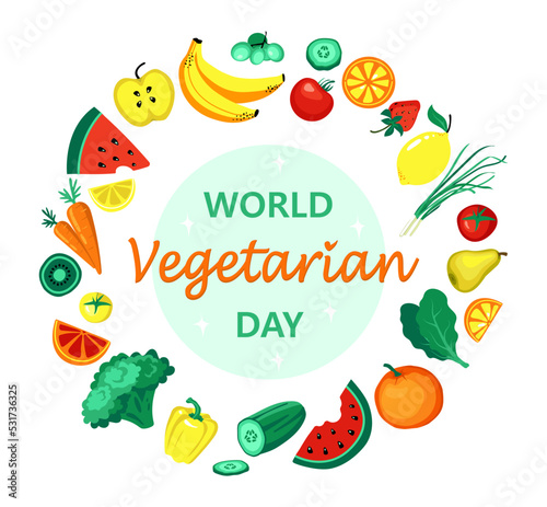 Fototapeta Naklejka Na Ścianę i Meble -  World vegetarian day concept, fruits and vegetables vector set