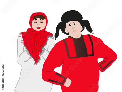Russian people in national costumes on a white background. Russian man in a red shirt and a hat with earflaps and a Russian woman in a headscarf with flowers pattern and a dress.