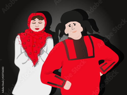 Russian people in national costumes on a black style background. Russian man in a red shirt and a hat with earflaps and a Russian woman in a headscarf with flowers pattern and a dress with shadows.