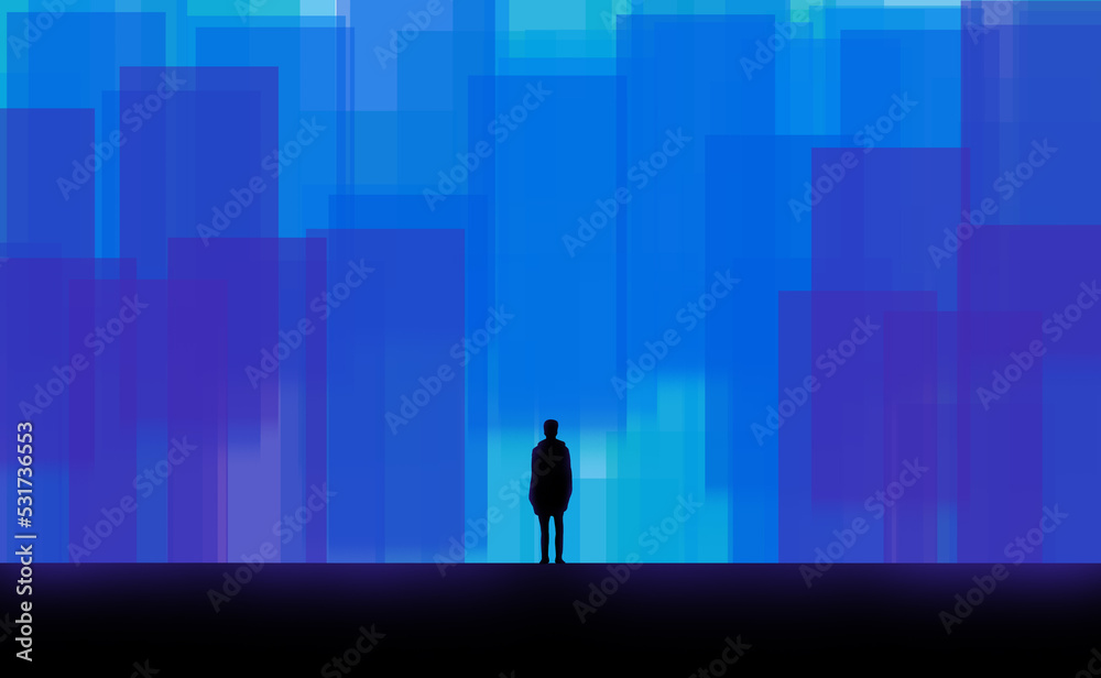 Silhouette of a man standing in a virtual world. Cyberpunk concept. Digital art style. illustration painting Silhouette of a man standing in a virtual world. Cyberpunk concept. Digital art style. illustration painting
