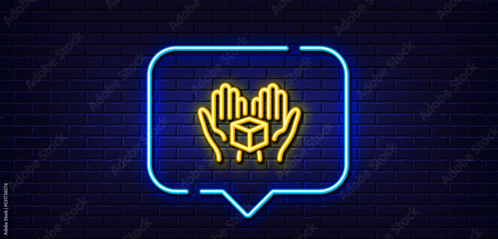 Neon light speech bubble. Hold open box line icon. Delivery parcel sign. Cargo package symbol. Neon light background. Hold box glow line. Brick wall banner. Vector Neon light speech bubble. Hold open box line icon. Delivery parcel sign. Cargo package symbol. Neon light background. Hold box glow line. Brick wall banner. Vector