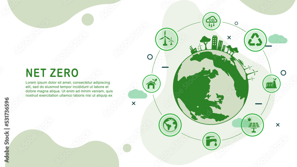 Net zero and carbon neutral concept. Net zero greenhouse gas emissions target. Climate neutral long term strategy with green net zero icon and green icon on green circles green world background.	
 - obrazy, fototapety, plakaty 