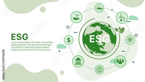 ESG concept icon for business and organization, Environment, Social, Governance and sustainability development concept with green world background, vector illustration	
