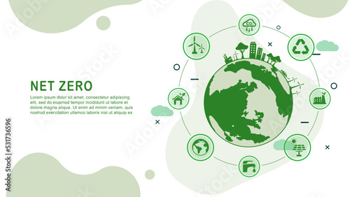 Net zero and carbon neutral concept. Net zero greenhouse gas emissions target. Climate neutral long term strategy with green net zero icon and green icon on green circles green world background. 