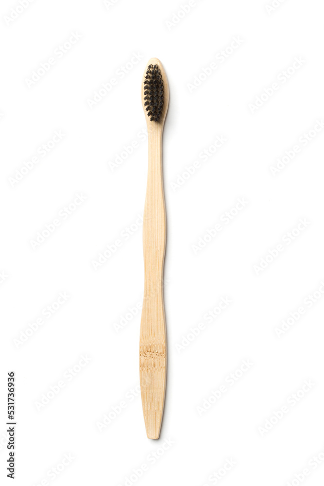 Wooden toothbrushes isolated on white background, top view Wooden toothbrushes isolated on white background, top view