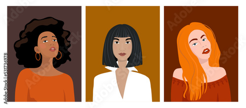 A set of vector illustrations of face design. Abstract portrait of a woman. The concept of beauty and diversity. For postcards, posters, brochures, cover design, web. Avatar for a social network.