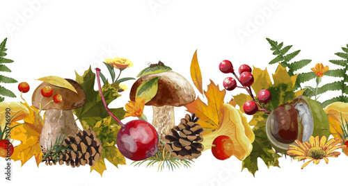 Seamless pattern of berries, mushrooms and autumn maple leaves