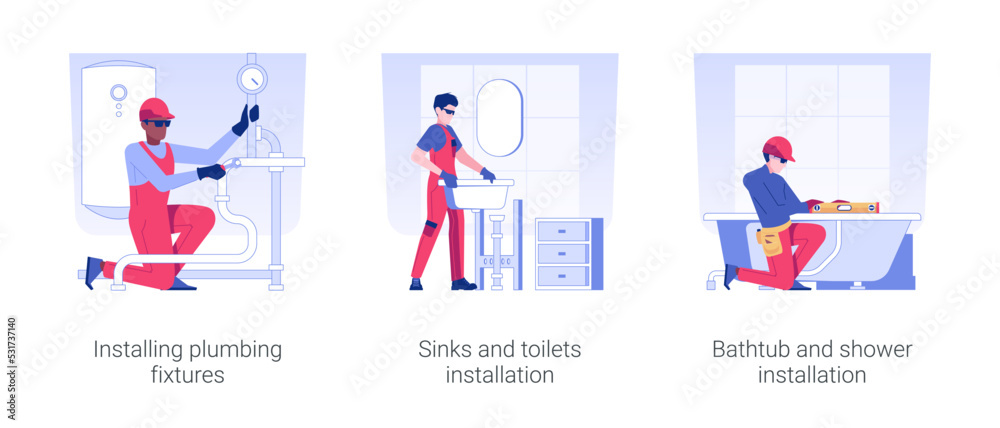 Plumbing services isolated concept vector illustration set. Installing plumbing fixtures, sinks and toilets, bathtub and shower installation in a new apartment, interior works vector cartoon.