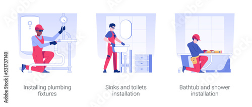 Plumbing services isolated concept vector illustration set. Installing plumbing fixtures, sinks and toilets, bathtub and shower installation in a new apartment, interior works vector cartoon.
