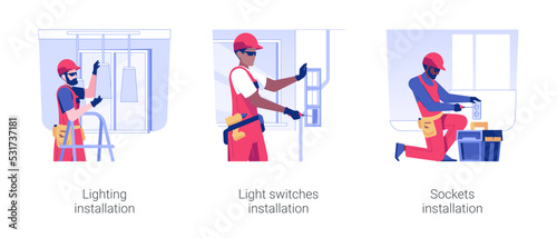 Electricity installation isolated concept vector illustration set. Lighting installation, light switches, contractor plugs socket and lamps in a new home, interior works vector cartoon.