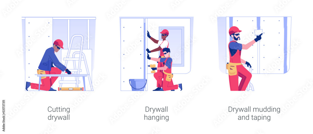 Drywalling service isolated concept vector illustration set. Cutting and hanging drywall, mudding and taping tool and equipment, construction services, private house building vector cartoon.