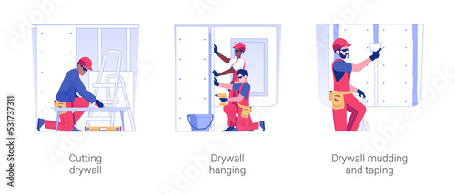 Drywalling service isolated concept vector illustration set. Cutting and hanging drywall, mudding and taping tool and equipment, construction services, private house building vector cartoon. photo