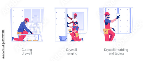 Drywalling service isolated concept vector illustration set. Cutting and hanging drywall, mudding and taping tool and equipment, construction services, private house building vector cartoon.