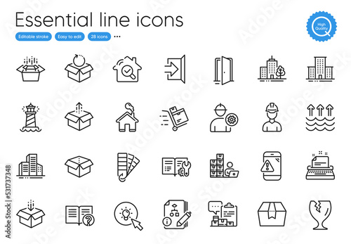 Energy, Skyscraper buildings and Buildings line icons. Collection of Inspect, Exit, Open door icons. Palette, Evaporation, Algorithm web elements. Send box, Open box, Packing boxes. Vector