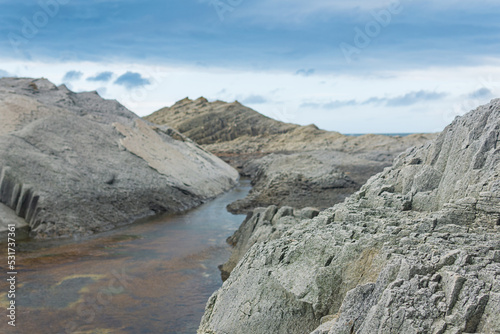 coastal cliffs formed by columnar basalt at low tide