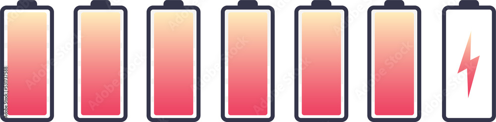 Vector battery symbol set different level of charge for ui energy symbol mobile phone, battery charge signs. Car battery indicator. Accumulator battery, wireless charging energy icons. 10 eps