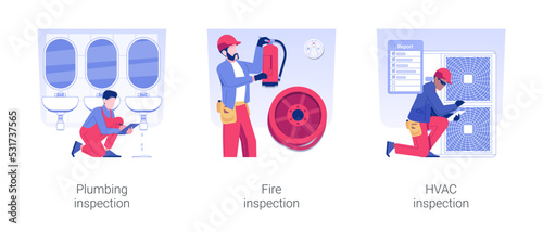 Building utilities inspections isolated concept vector illustration set. Plumbing and fire inspection, checking heating and cooling systems, circulation and ventilation maintenance vector cartoon.