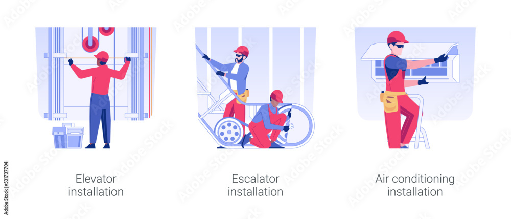 Interior electrical works isolated concept vector illustration set. Elevator and escalator installation, air conditioning and temperature control equipment, property utility vector cartoon.