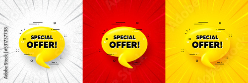 Special offer 3d bubble banner. Flash offer banner, coupon or poster. Realistic yellow chat message. Offer tag icon. Special offer promo banner. Retail marketing flyer. Starburst pop art. Vector