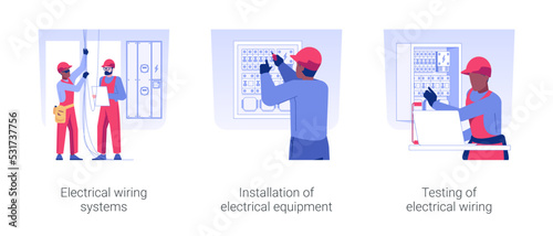 Engineering infrastructure isolated concept vector illustration set. Electrical wiring systems, installation of electrical equipment, wiring testing, energy maintenance vector cartoon.