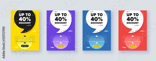 Poster frame with quote, comma. Up to 40 percent discount. Sale offer price sign. Special offer symbol. Save 40 percentages. Quotation offer bubble. Discount tag message. Vector