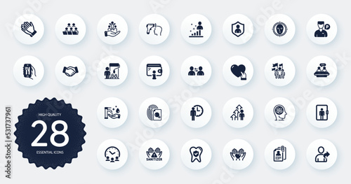 Set of People icons, such as Clean hands, Employees talk and Dental insurance flat icons. Security, Meeting time, Interview documents web elements. Wallet, Refer friend, Painter signs. Vector