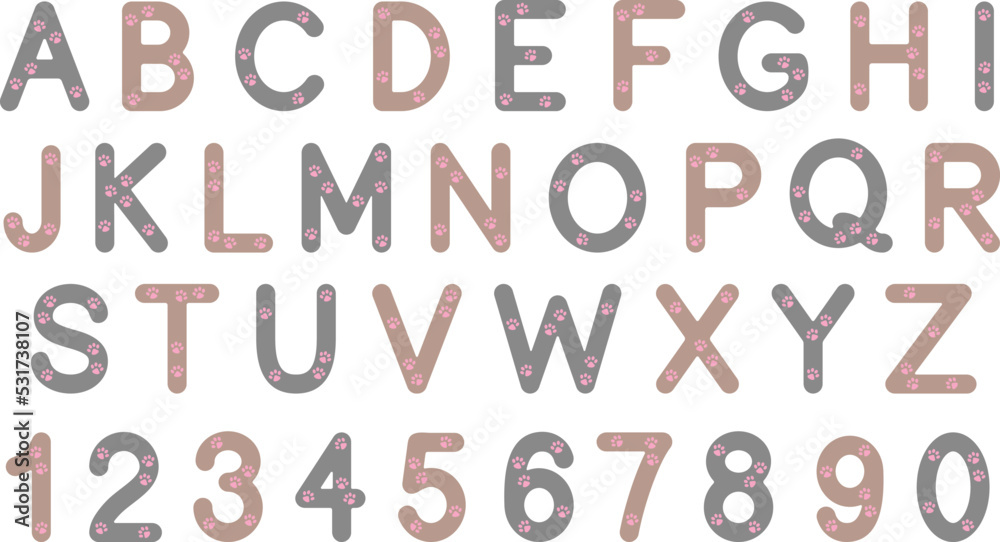 Paw Print Alphabet Letters and Numbers Graphic Set - Grey & Brown Colors Paw Print Alphabet Letters and Numbers Graphic Set - Grey & Brown Colors