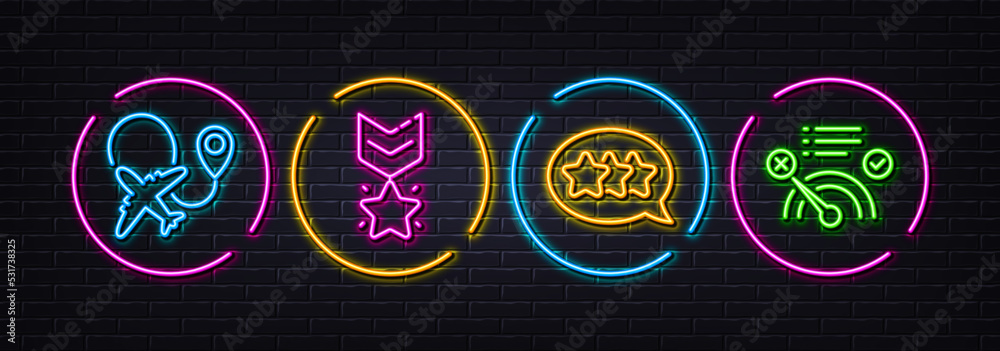 Winner medal, Stars and Airplane minimal line icons. Neon laser 3d lights. No internet icons. For web, application, printing. Ranking star, Customer feedback, Plane. Bandwidth meter. Vector