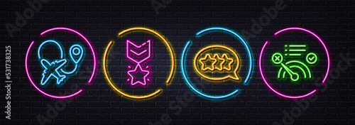 Winner medal, Stars and Airplane minimal line icons. Neon laser 3d lights. No internet icons. For web, application, printing. Ranking star, Customer feedback, Plane. Bandwidth meter. Vector