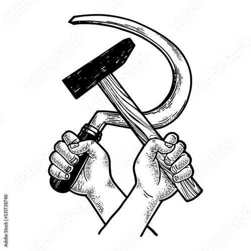 Hands with Hammer and sickle sketch engraving PNG illustration with transparent background photo