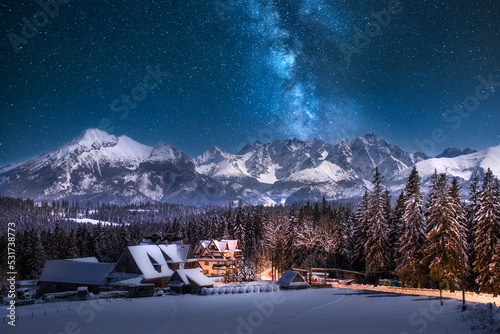 The Milky Way over the Tatras. Winter, mountain panorama, night. Poland, Zgorzelisko Clearing. Droga mleczna nad Tatrami. Zima, panorama gór, noc. Polska. Polana Zgorzelisko.  © Arkadiusz