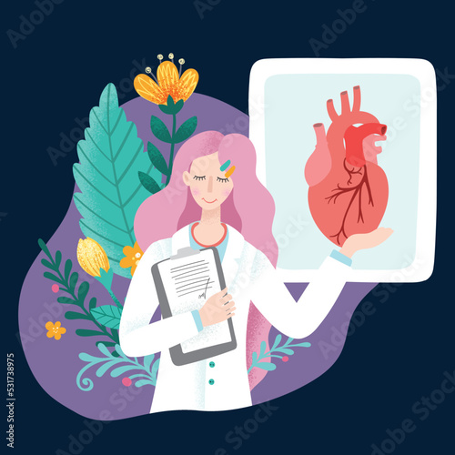 Vector image of a young woman doctor cardiologist on a background of flowering plants. Cartoon illustration