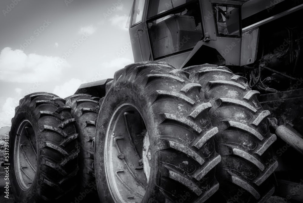 A tractor with very large wheels is on show in Canandaigua in Upstate